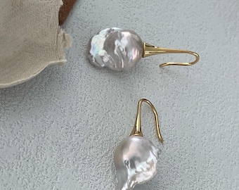 18K Gold Plated Natural Baroque Pearl Earrings, Sterling Silver Drop Earrings, Unique Irregular Pearl, Dangle Bridal Jewelry, Gift for her