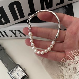 White Gold Plated Pearl Bracelet – Natural Freshwater Pearl Bangle, White Gold Plated Silver, Minimalist Handmade Jewelry, Gift for her