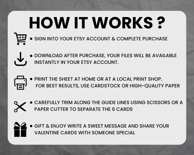 May include: A white graphic with the text "HOW IT WORKS?" and bullet points explaining the process: sign into Etsy, download files, print, trim, and gift Valentine's cards. Icons include a shopping cart, download arrow, printer, scissors, and gift box.