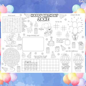 Printable Personalized Birthday Party Activity Sheet - Custom Birthday Coloring Placemat - Birthday Coloring Pages - Instant Download