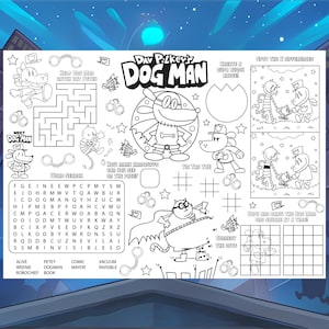 Op de afbeelding: Zwart-wit activiteitenblad met personages uit Dav Pilkey's Dog Man-serie. Bevat doolhoven, woordzoekers en verbind-de-stippen-activiteiten. De titel "Dog Man" is prominent aanwezig.