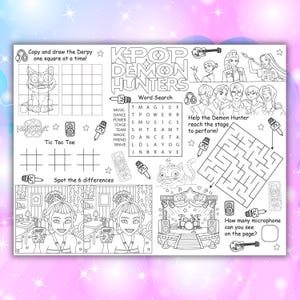 May include: A black and white activity sheet featuring the text "KPOP DEMON HUNTERS". The sheet contains a word search, maze, and other games. Illustrations include a cat, microphones, and performers, providing entertainment.