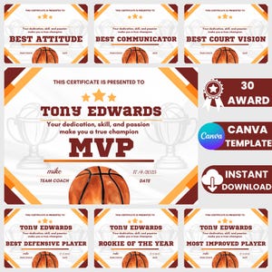 Editable Basketball award certificate template - Basketball Award Certificate Bundle - Editable Basketball End of Season/Year Certificates