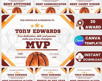 Basketball Award Certificate Bundle: Editable Canva Templates (Digital Download)