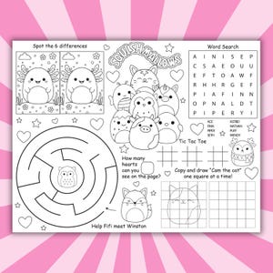 Puede incluir: Hoja de actividades en blanco y negro con varios juegos, incluyendo una búsqueda de palabras, un laberinto y tres en raya. La hoja presenta ilustraciones de animales lindos y el texto "Squishmallows".