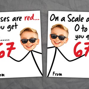 May include: Two white cards with a stick figure holding the number 67 in red. The cards feature a child's face wearing sunglasses. One card reads "Roses are red... you get it... 67." The other reads "On a Scale of 0 to 5 you are 67."