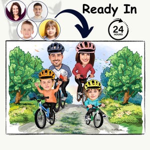 Aangepaste familiekarikatuur wielrenner uit foto fietsen minnaar familie gepersonaliseerde kinderen kunst aan de muur digitale download verjaardagscadeaus vakantie kunst