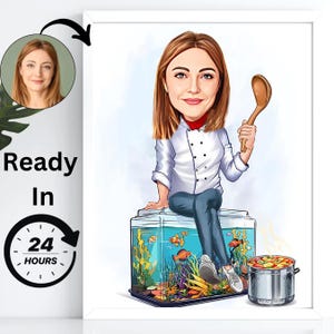 Retrato de Chef Feminina Personalizado em Desenho Animado: Arte de Cozinha Personalizada (Download Digital Tamanho A4)