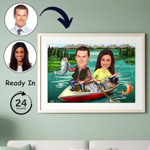 Fishing Couple Caricature: Personalized Portrait Gift (Digital Download)