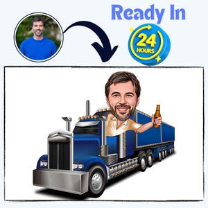 Funny Truck Driver Caricature – Custom Heavy Haul Driver Portrait from Photo | Digital Gift for Dad or Trucker | Birthday Wall Art Download