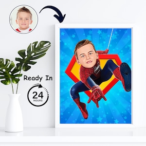 Retrato de desenho animado de criança do super-herói Homem-Aranha Obtenha sua própria caricatura de super-herói a partir de sua foto Download digital de retrato de super-herói personalizado