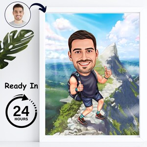 Personalized Hiker Cartoon from Photo Mountaineer Gift Climber Wall Art | Custom Caricature from Photo | Rock Climber Birthday Gifts for Him