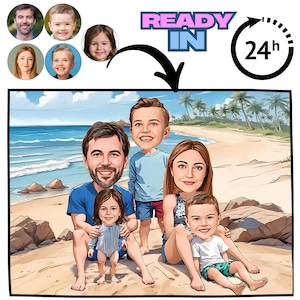 Personalized Beach Family Cartoon Portrait: Custom Vacation Caricature (Digital Download A4 Size)