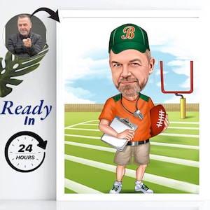 Caricatura di allenatore di football americano da foto Caricatura di allenatore di football americano divertente Arte murale Regalo di compleanno per lui Regali personalizzati