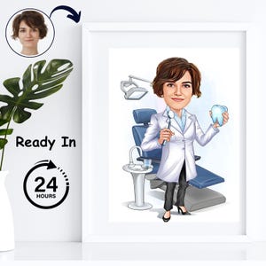 Dentist Cartoon Portrait, Custom Female Dentist Caricature Drawing from Photo, Funny Female Dentist Caricature Gift for Dentist Gift for her