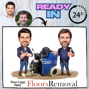 Custom Floor Removal Team Caricature Personalized Business Logo Cartoon, Digital Team Portrait, Gift for Him, Business Card & Branding Art