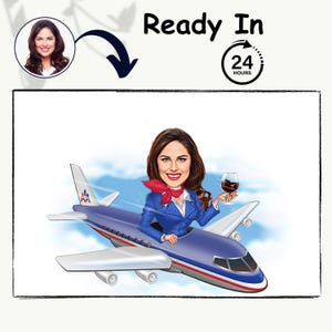 Custom Air Hostess Caricature | Cabin Crew Cartoon | Unique Aviation Art | Digital Portrait Gift for Mom | Birthday Gift | Digital Wall Art