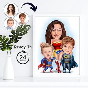 Caricatura personalizada de supermãe, arte de parede de supercrianças, desenho animado de foto, retrato personalizado de mãe e filhos, arte de desenho de família de super-heróis digitais