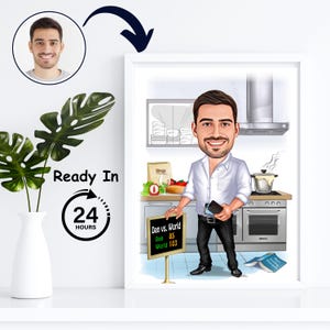 Caricatura personalizada de chef: retrato de cozinheiro personalizado, arte de parede para cozinha (download digital)