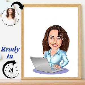 Custom Female Employee Caricature: Personalized Office Gift (Digital Download, A4 Print Size Available