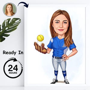 Desenho de jogador de softball a partir de foto | Presentes de equipe | Arte de parede esportiva | Caricatura personalizada a partir de foto | Presentes de aniversário de jogador de softball para ela