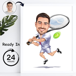 Tennis mannelijke karikatuur van foto | Aangepaste tennisspeler | Cadeaus sportmuurkunst | Cadeaus tennisteam | Verjaardagscadeaus voor hem Tenniscartoon