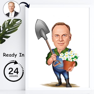 Custom Garden Designer Caricature | Landscaper Portrait from Photo | Digital Download Wall Art | Birthday Gift for Dad | Nature Lovers