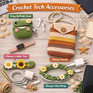 Crochet Tech Accessories Pattern Bundle - Frog AirPods Case, Phone Pouch, Flower Cable Ties, Charger Vine Wrap, Beginner PDF