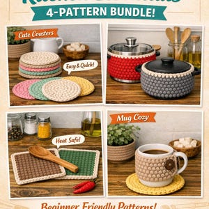 Beginner Crochet Kitchen Pattern Bundle | Coasters, Pot Cozy, Hot Pad (PDF Download)