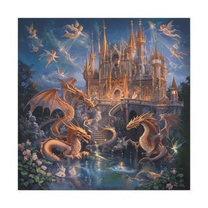 Digital Download: Gothic Castle Twilight with Dragons, Fairies Mermaids – Dark Fantasy Wall Art, Enchanted Home Decor & Magical Artwork