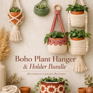 May include: A selection of handmade crochet plant hangers and holders in various styles and colours. The image features several hanging planters with plants, including a double-tiered design, and a decorative pot on a wooden shelf. The text reads "Boho Plant Hanger & Holder Bundle".