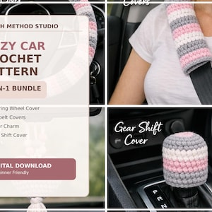 Pode incluir: Um conjunto de 4 padrões de crochê para acessórios de carro, incluindo capa de volante, capas de cinto de segurança, pingente de espelho e capa de câmbio. Os itens apresentam listras em rosa, branco e cinza. Texto: STITCH METHOD STUDIO, COZY CAR CROCHET PATTERN, 4-IN-1 BUNDLE, DIGITAL DOWNLOAD.