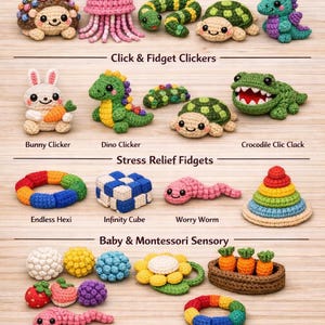 May include: A collection of crocheted sensory toys labeled Mega Sensory Fidget Bundle, including Beaded Fidget Friends, Click & Fidget Clickers, Stress Relief Fidgets, and Baby & Montessori Sensory items, featuring various animals and shapes.