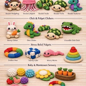 May include: A selection of colourful, handmade sensory fidget toys. The image shows beaded animals, clickers, stress relief items, and sensory balls. The text "MEGA SENSORY FIDGET BUNDLE" is at the top.