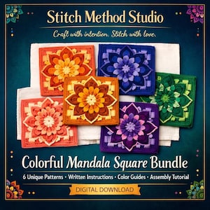 Häkelmuster-Set „Oma-Quadrat“, Mandala-Deckenquadrate, 6 digitale PDF-Anleitungen