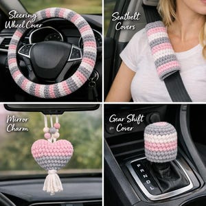 May include: A set of crochet car accessories in pink, white, and gray. Includes a steering wheel cover, seatbelt covers, a mirror charm, and a gear shift cover. The steering wheel cover has a diameter of approximately 14.5 inches.