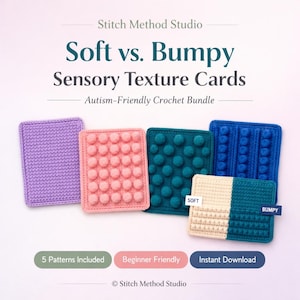 Peut inclure: Un ensemble de cinq cartes de texture sensorielle rectangulaires au crochet en violet, rose, bleu sarcelle, bleu et un design divisé crème et bleu sarcelle. Les cartes présentent divers motifs de points en relief. Texte : Stitch Method Studio, Soft vs. Bumpy Sensory Texture Cards, Autism-Friendly Crochet Bundle, 5 Patterns Included, Beginner Friendly, Instant Download, Soft, Bumpy.