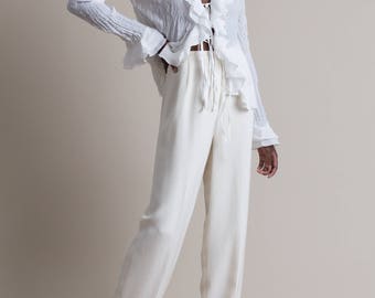 Vintage 90s Ivory Silk Flat Front Trousers | 2/4