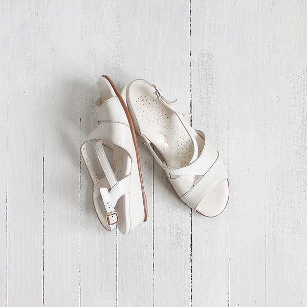 Vintage 80s White Criss-Cross Strap Wedges | women's sandals 7