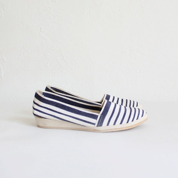Vintage 60s Navy Striped Canvas Espadrilles | Women's 6.5