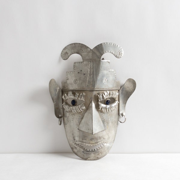Vintage Silver Tin Mexican Tribal Mask with Glass Eyes