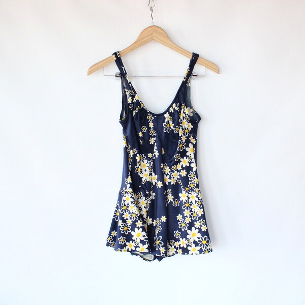 Vintage 60s Navy Daisy Print One Piece Swimsuit // Skirt Low Back Suit