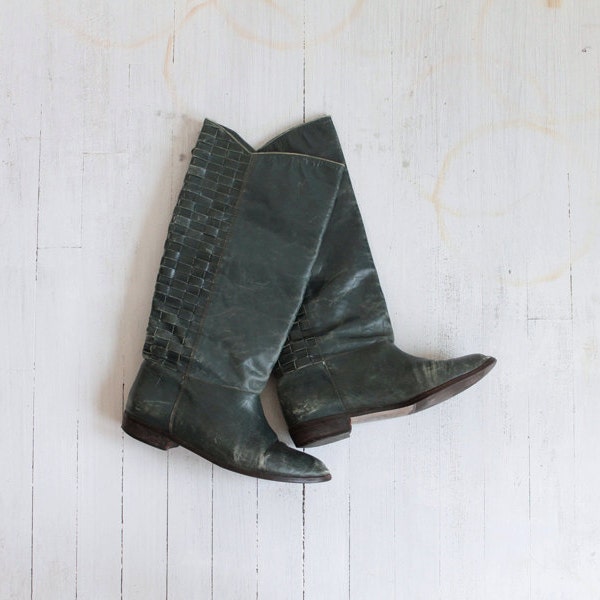 Vintage 70s Forest Green Distressed Leather Equestrian Boots | Women's 8
