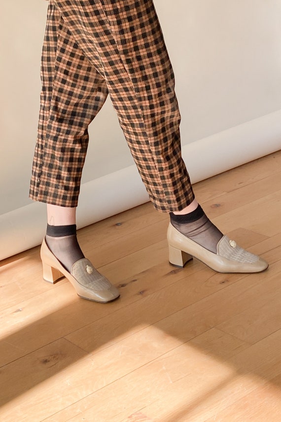 1980s Tan Leather Block Heel Loafers | 6