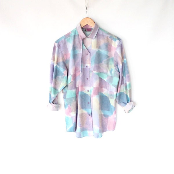 Vintage 80s Pastel Cut Out Collar Shirt // Western Watercolor Print Spring Blouse