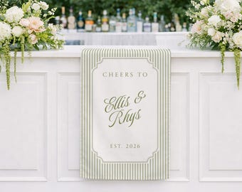 Wedding bar sign fabric banner, moss green striped cloth personalized names elegant gold classic garden cocktail reception custom sizes