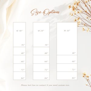 May include: Image showing size options for a product. The text "Size Options" is at the top. Three columns display width and height measurements: W 18", W 24", and W 30", with heights of 91 cm, 122 cm, 152 cm, 183 cm, and 213 cm.
