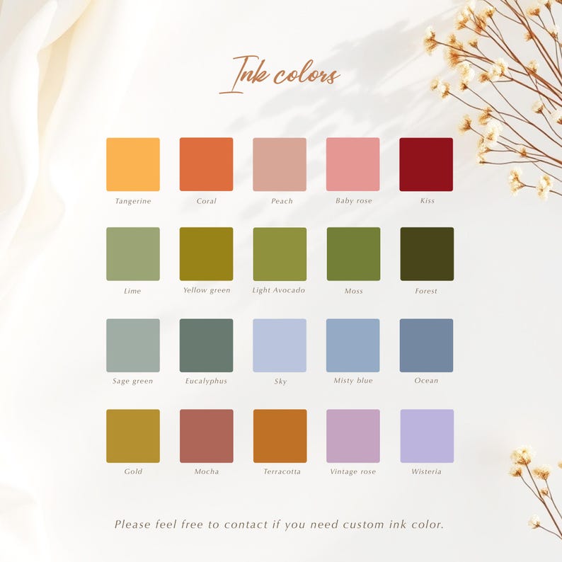 May include: A colour palette displaying ink colours such as Tangerine, Coral, Peach, and Baby Rose. The chart also features shades of green, blue, and earth tones, with the text "Ink colours" at the top and a call to action at the bottom.