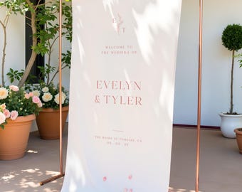 Custom Minimalist Wedding Sign – Fabric Banner with Greenery – Elegant Welcome Sign for Outdoor Ceremony or Reception