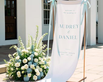 Custom Minimalist Wedding Sign – Fabric Banner with Greenery – Elegant Welcome Sign for Outdoor Ceremony or Reception
